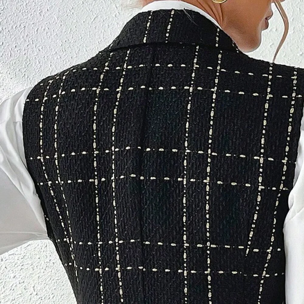 Fall Stylish Plaid Double Breasted Tweed Vest Blazer & Shorts